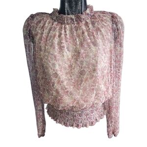 Joie Floral Ruffle Long Sleeve Blouse Pink And Tan Smocked Hemline M